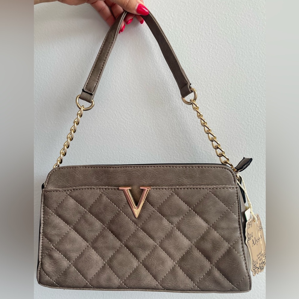 V-Emblem Quilted Tan Shoulder Bag NWT